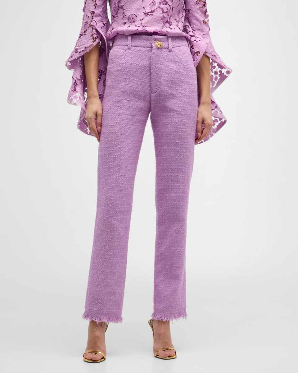 Cotton Tweed Slim-Leg Fringe Ankle Pants